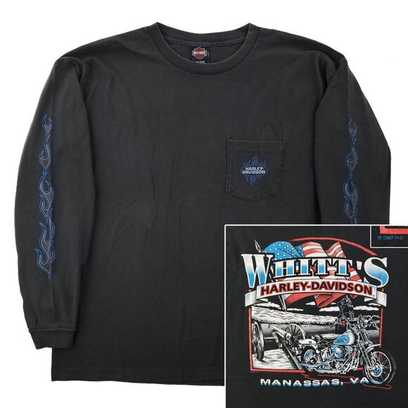 Harley Davidson Vintage T-Shirt 90s Blue Flames Long Sleeve USA Flag Whitt's 3XL - Picture 1 of 12